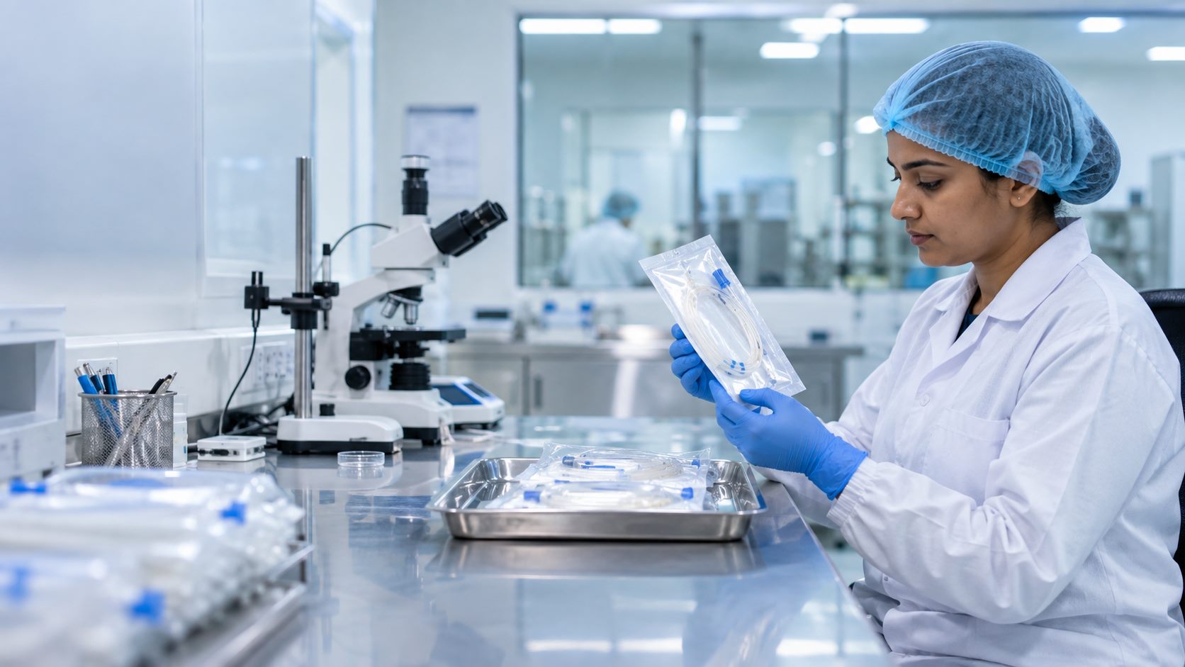 Quality team inspecting healthcare products in a clean manufacturing environment